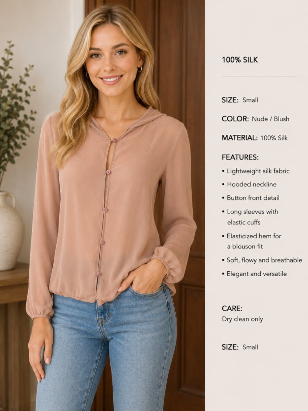 100% Silk Hooded Blouse – Size Small